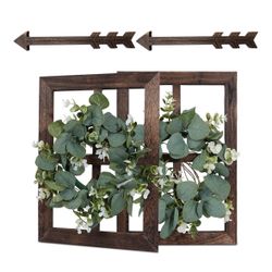 Rustic Wood Window Frame Wall Decor with Wreath & Arrows, Set of 2