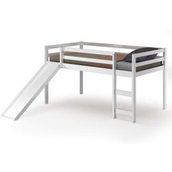 Twin Loft Bunk Bed with Slide, Built-in Ladder and Guard Rail