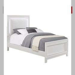 Twin White Lighting Upholstered Bed With Under Neath Pullout Storage 