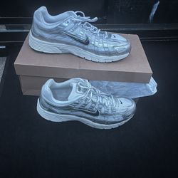These are Nike P-6000 sneakers in a metallic silver colorway.