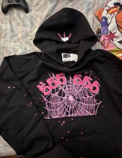 Sp5der Black Hoodie Pink 555 Print (New w/ Tags)