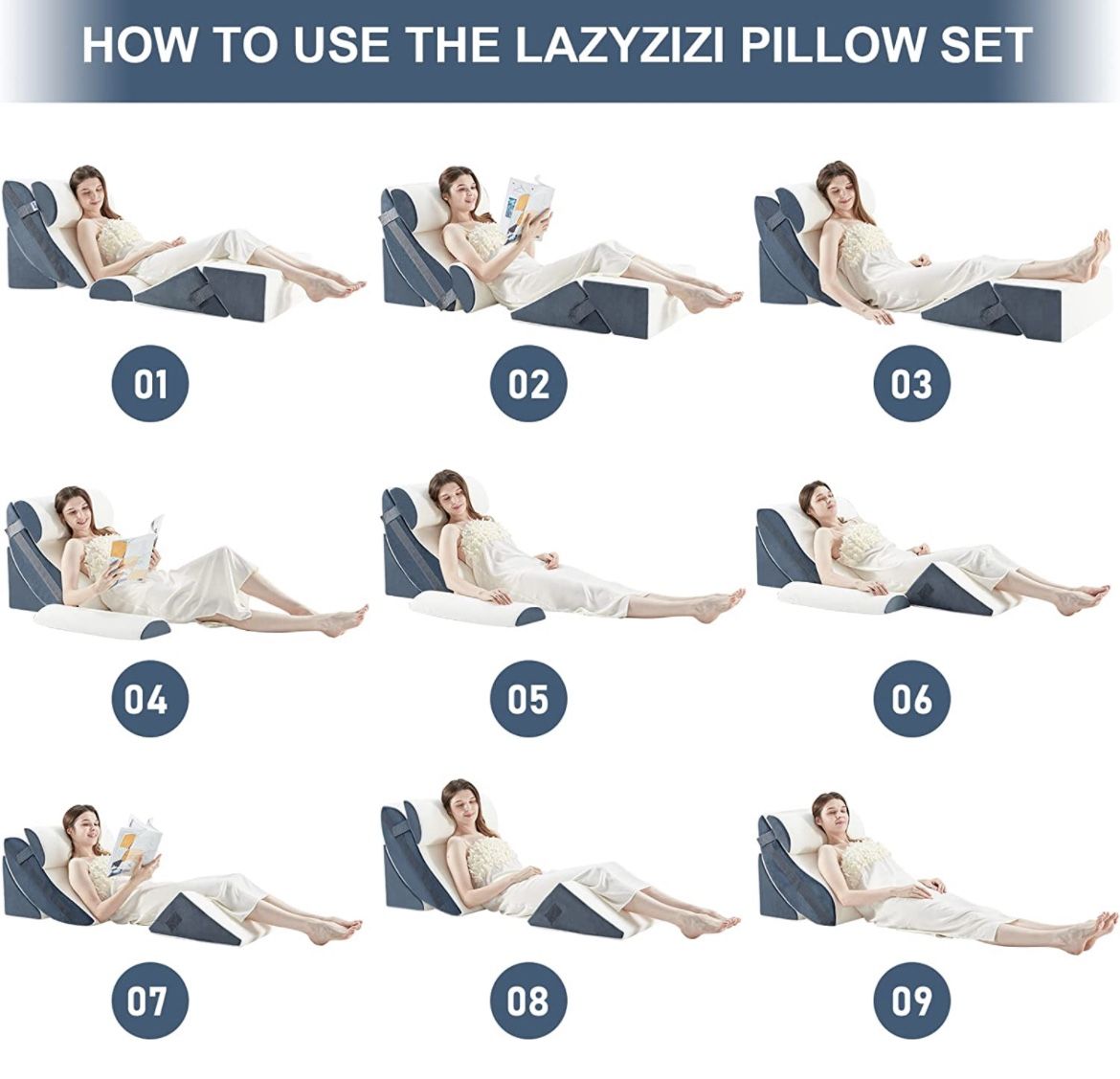 Lazyzizi 6pcs Orthopedic Bed Wedge Pillow Set, Memory Foam Wedge Pillow
