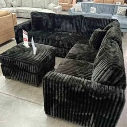 New Black Corduroy Sectional Sofa Couch with Ottoman! Free Delivery 🚚! 