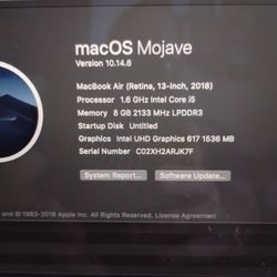 The image displays the "About This Mac" screen for a MacBook Air (Retina, 13-inch, 2018) running macOS Mojave version 10.14.6. 
Processor: 1.6 GHz Int
