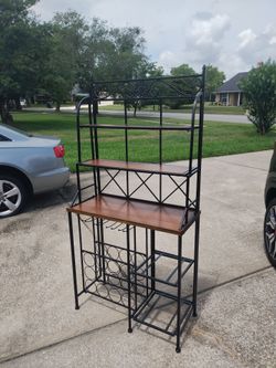 Black Metal BAKER'S RACK w Wine Storage Wood Shelving