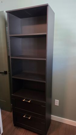 Black Bookcases with Drawers, Gold and Black Handles