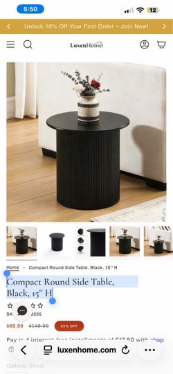 Compact Round Side Table, Black, 15'' H   240 $40