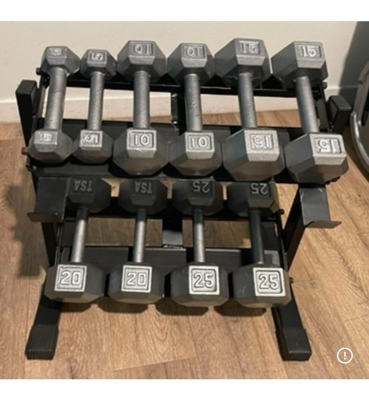 In NEW Condition Set Of Cast Iron Hex Dumbbells 5s, 10s, 15s 20s  And  25s  (NO RACK iNCLUDED)