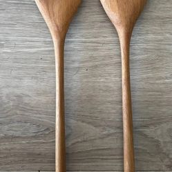 Teak Wood Salad Serving Set Spoon & Fork Metal Floral Handle Long