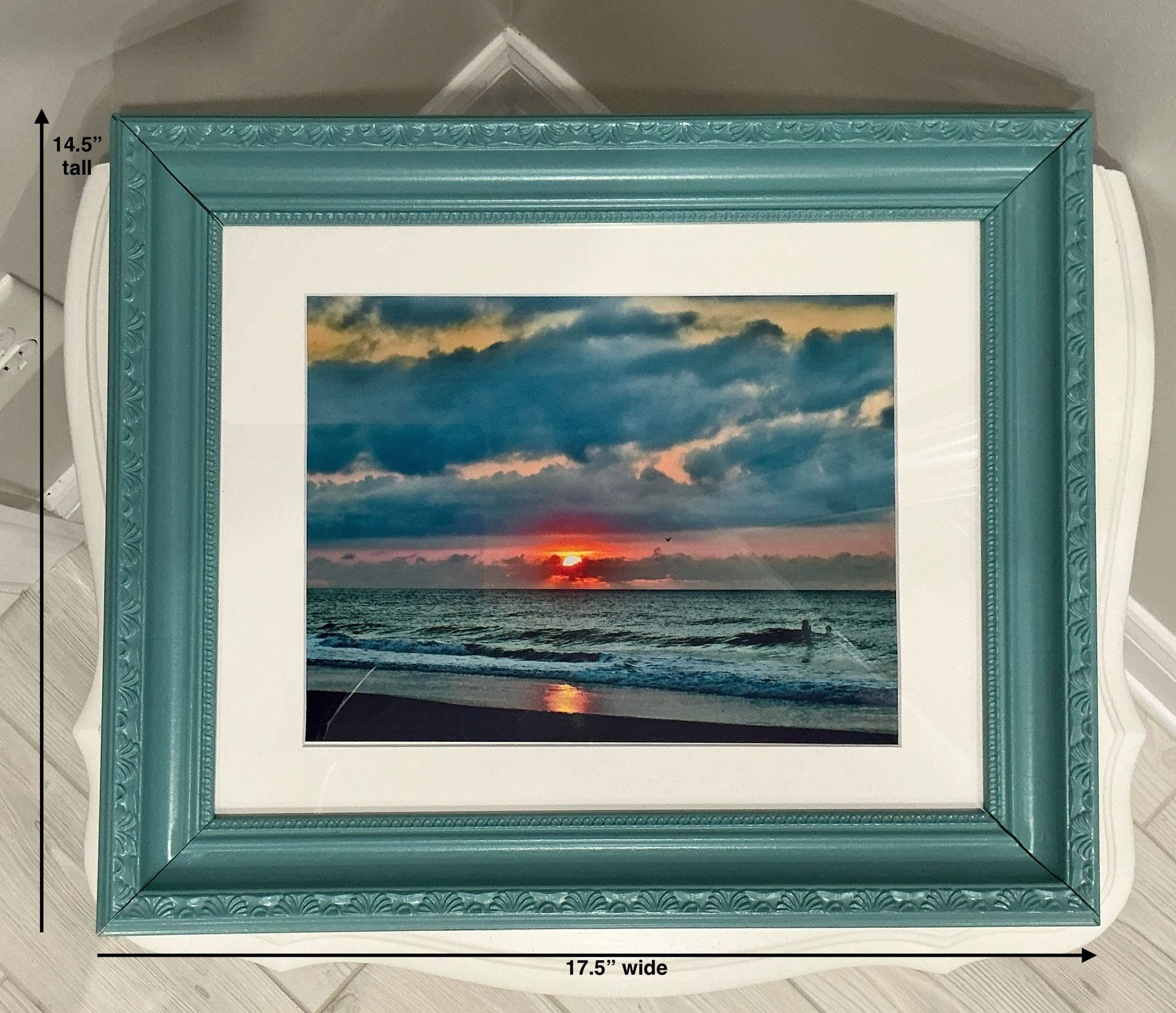 Custom Vintage Teal Framed Colorful Coastal New Sunrise Photograph in a White Mat