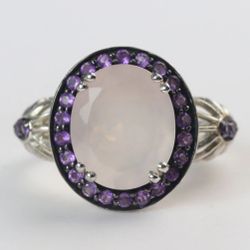 Oval Halo Rose Quartz Amethyst Ring in Sterling Silver