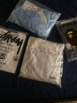 Bape shirt and jackets, purple jeans, chrome heart, spider hoodies