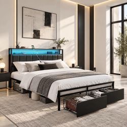 🚨 Queen size LED bed frame with 2 storage drawers , brand new in box N-24