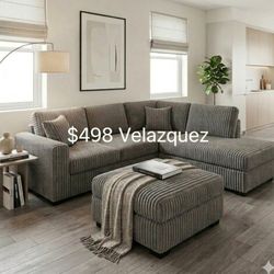 ✅️✅️3 pc smoke grey wide welt corduroy fabric sectional sofa with USB plugs square arms with chaise and storage ottoman✅️