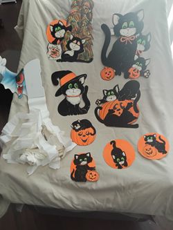 Vintage Lot Of 9 Halloween Die Cut 8 Black Cat Flocked and 1, Ghost