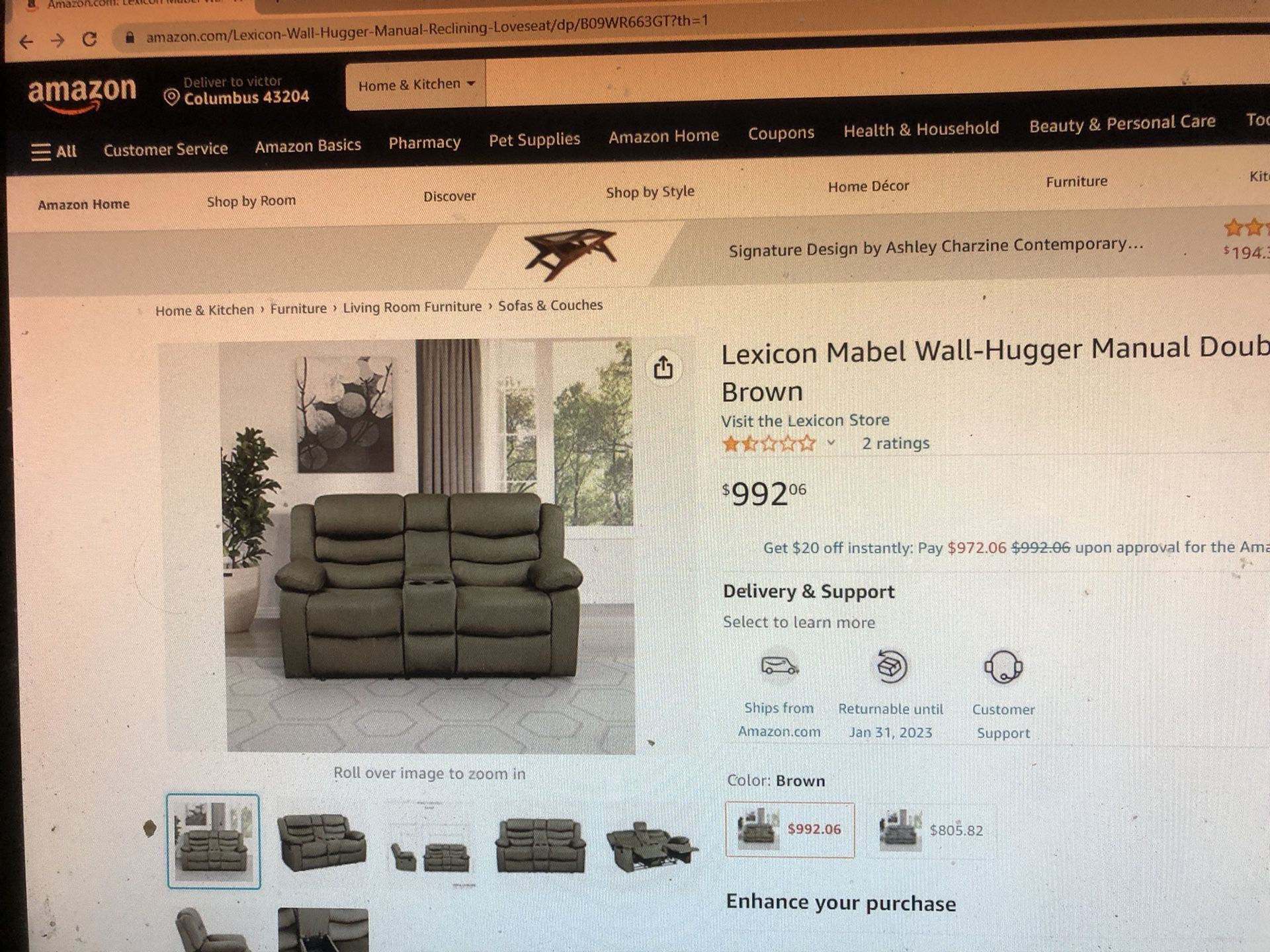 Brand New Lexicon Mabel Hugger Double Recliner Loveseat Like Soft Suede Leather 