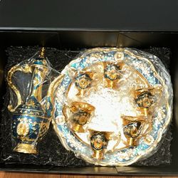 Exotic Teacup Set (Teacups, Teapot, Plate) Sapphire Blue And Gold