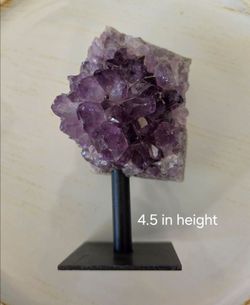 Natural Amethyst Crystal Cluster on Black Metal Stand – 4.5"