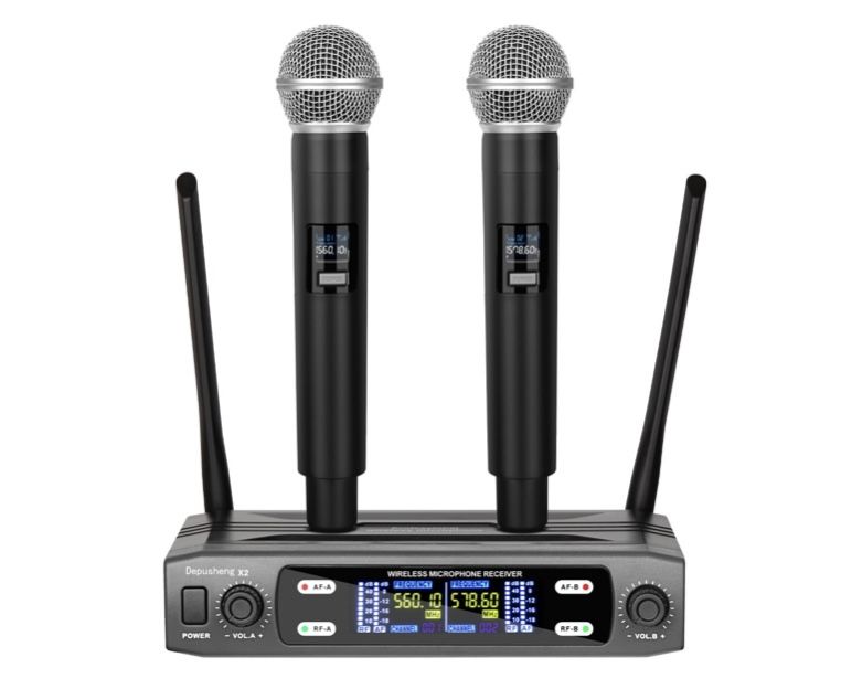Wireless Microphone System, VHF Fixed Dual Frequency Wireless Set with 2 Mics