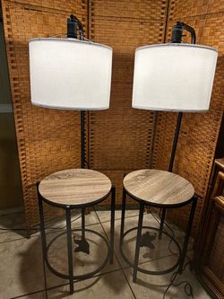 NEW Pair of 54” Mainstay Mid-Century Floor Lamps with Built-in Side Tables with glass -$100 CASH