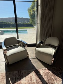 Modern White Leather & Polished Stainless Steel Accent Chairs (Set of 2)