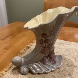 Vintage Redwing Pottery Cornucopia Vase.  #1098. Rare. 8 Inches Tall. Gray With Purple Flowers & Yellow Inside. 