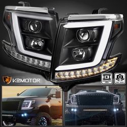 Black Fits 2015-2020 Chevy Tahoe Suburban Projector Headlights LED Bar Strip