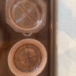 vintage pink depression glass divided serving dish /candy dish