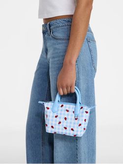 No Boundaries Women's Mini Tote Crossbody Bag, Sky Gingham with Ladybug Embroidery