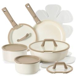 Brand new Taupe 16 piece Carote Ceramic Nonstick Cookware Sets, PFAS Free Pots and Pans Set with Detachable Handles