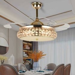 Gold Crystal Ceiling Fan,Elegant Retractable Ceiling Fan with 3 Color 3 Speeds Quiet,Retractable Blades, Modern 42" Fandelier Fan Gold for Indoor Room