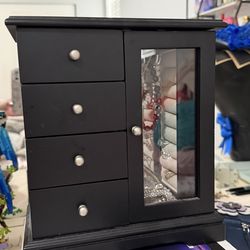 Black jewelry organizer box with drawers & mirror door