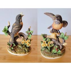 Andrea by Sadek Singing Robin Bird Figurine Ceramic Sculpture, 2pc Set