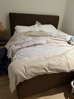 Brown velvet upholstered bed king size