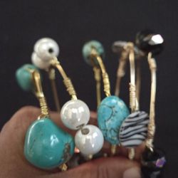 5 Gold Tone Wired Bracelets With Turquoise Faux Pearl Beads Faux Turquoise Boho