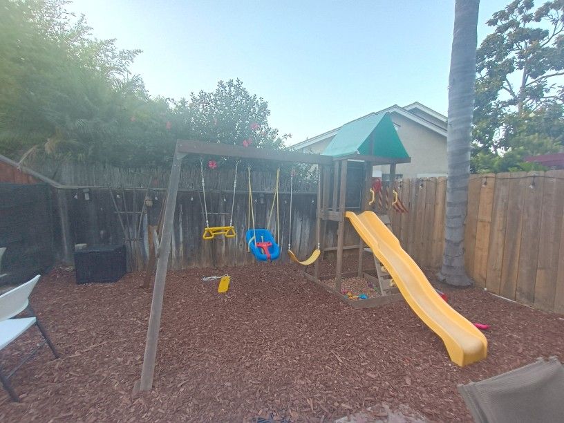Outdoor Solid Wood Swing Set With Slide And 3 Swings