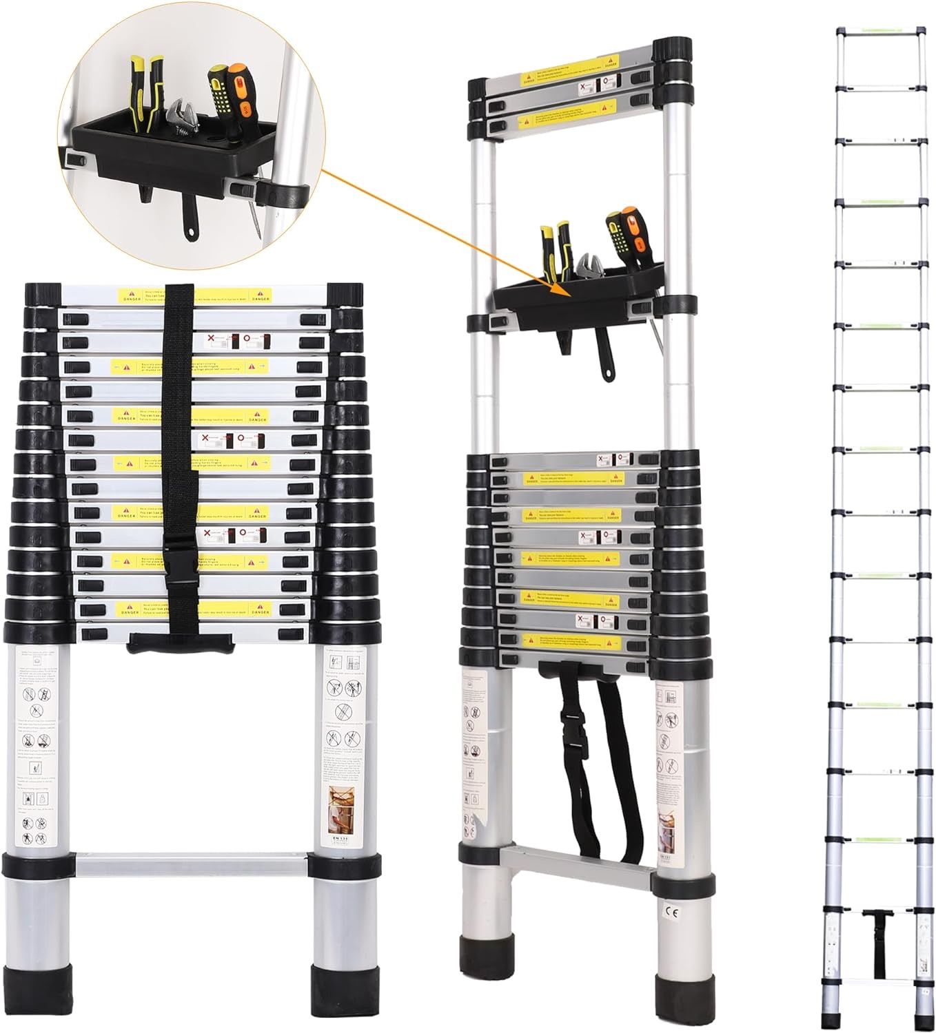 Telescoping Ladder, 15.5 FT Aluminum Heavy Duty 330lbs Load Collapsible ...