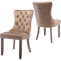 NEW Set of 2 Velvet Fabric Dining Chairs Luxury Tufted Back with Nailed Trim and Back Ring KHAKI