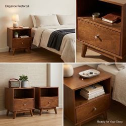 Mid Century Modern Style Walnut Nightstands Pair - Foremost Groups