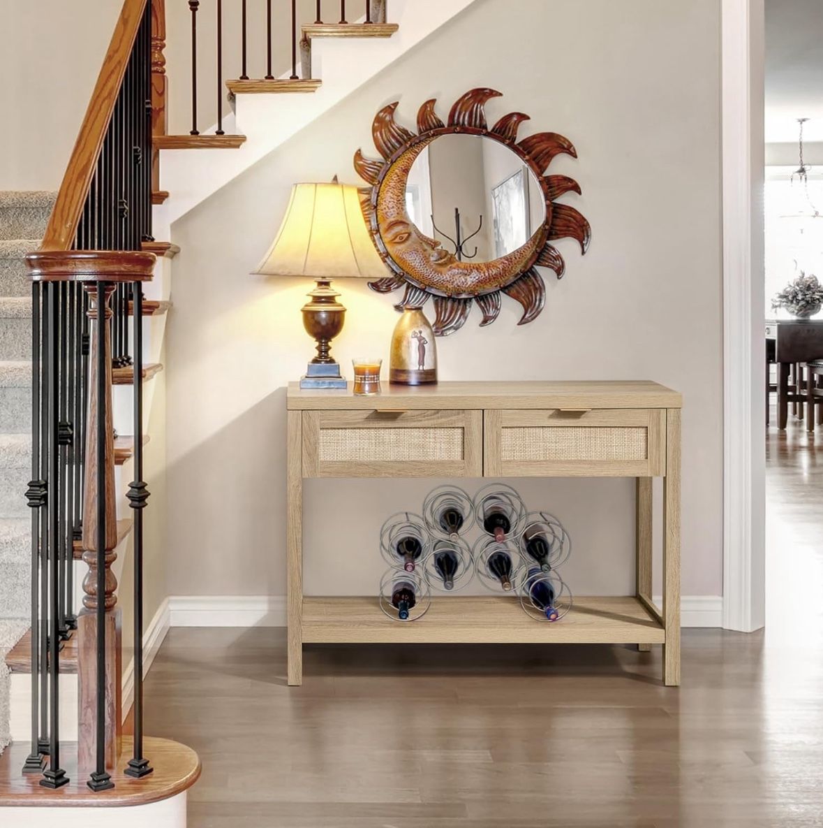 SICOTAS Rattan Console Table for Entryway - Boho Entryway Table with Storage and Drawers, Small Entry Tables for Hallway Behind Couch Table Sofa Table