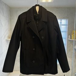 Kenneth Cole Men's Double Breasted Wool Blend Peacoat With Bib.