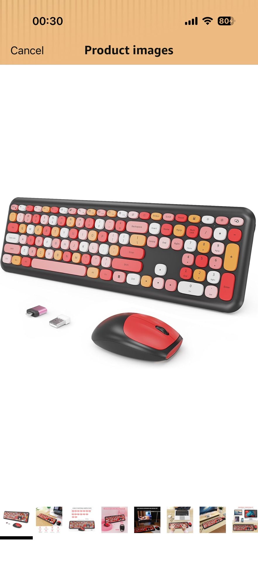 Wireless Keyboard and Mouse Combo, Colorful Ergonomic Full Size Retro Low-Noise Keyboard with Cute keycaps, Compatible with Windows, PC, Perfer for Ho
