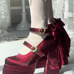 Wine Red Detachable Bowknot Lily of the Valley Embroidery High Block Heel Platform Mary Janes Zapatos Tacones Rojos