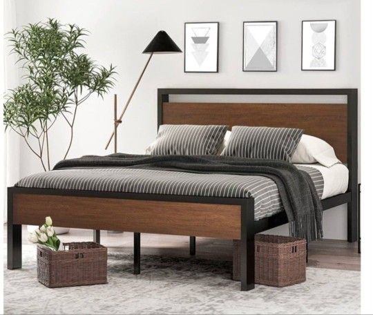 SHACERLIN 14 Inch full Size Metal Platform Bed Frame with Wooden Headboard and Footboard, Mattress Foundation, No Box Spring Needed, Large Under Bed S