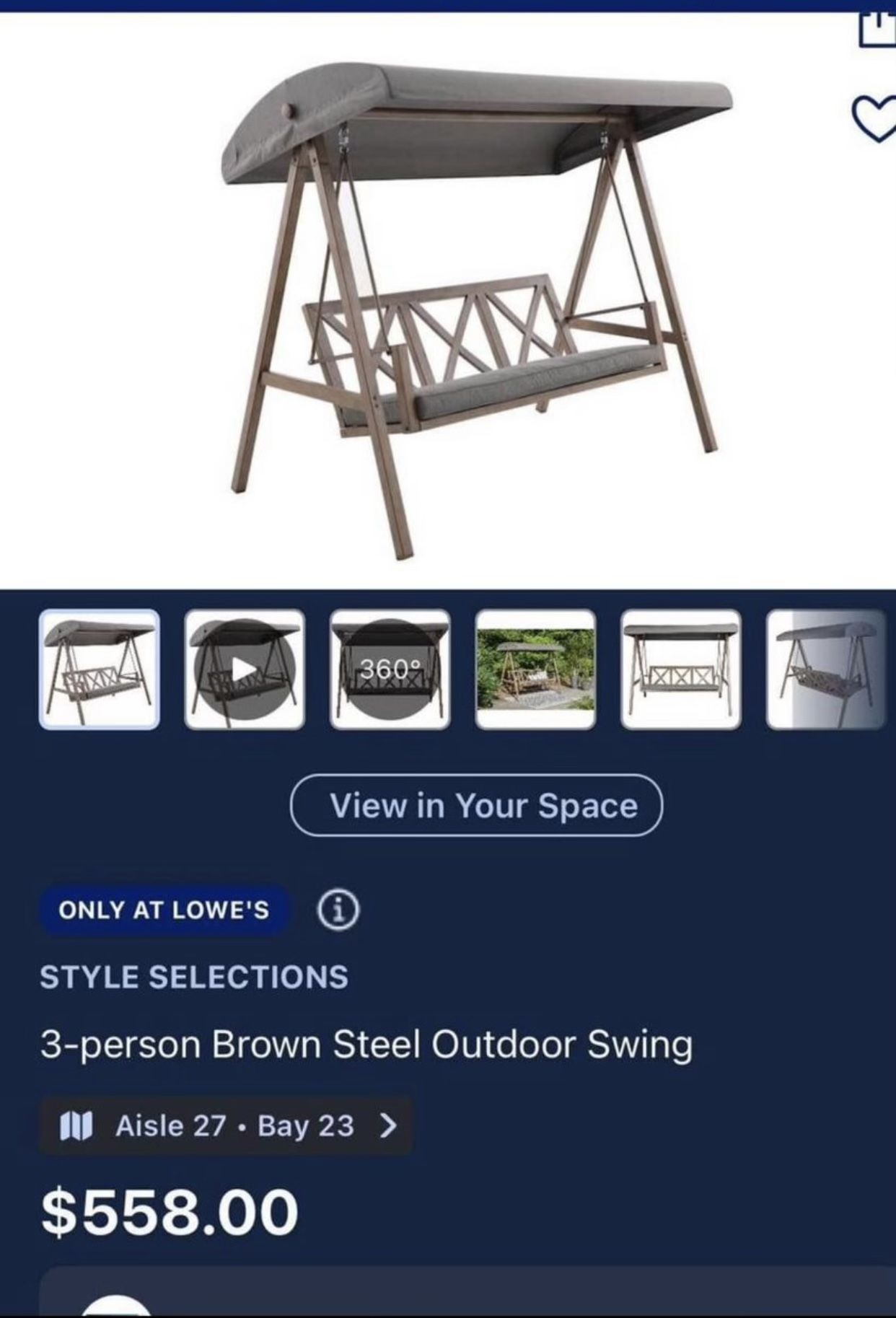 3-person Brown Steel Outdoor Swing