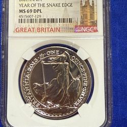 2013 1oz NGC MS69 DPL G.BRITAIN YEAR OF THE SNAKE EDGE SILVER COIN 