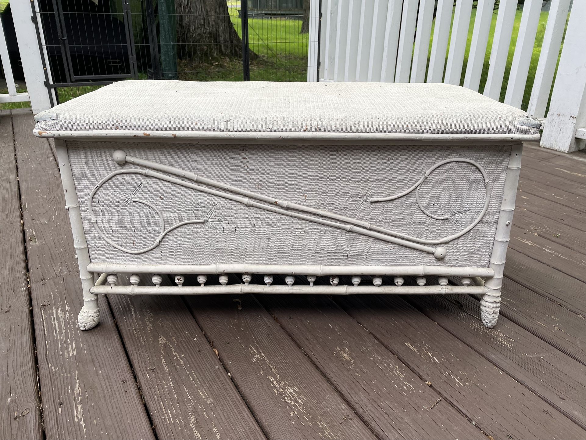 Vintage wicker/wood chest. Lovely intricate detail. Hundreds of dollars at antique shop.
