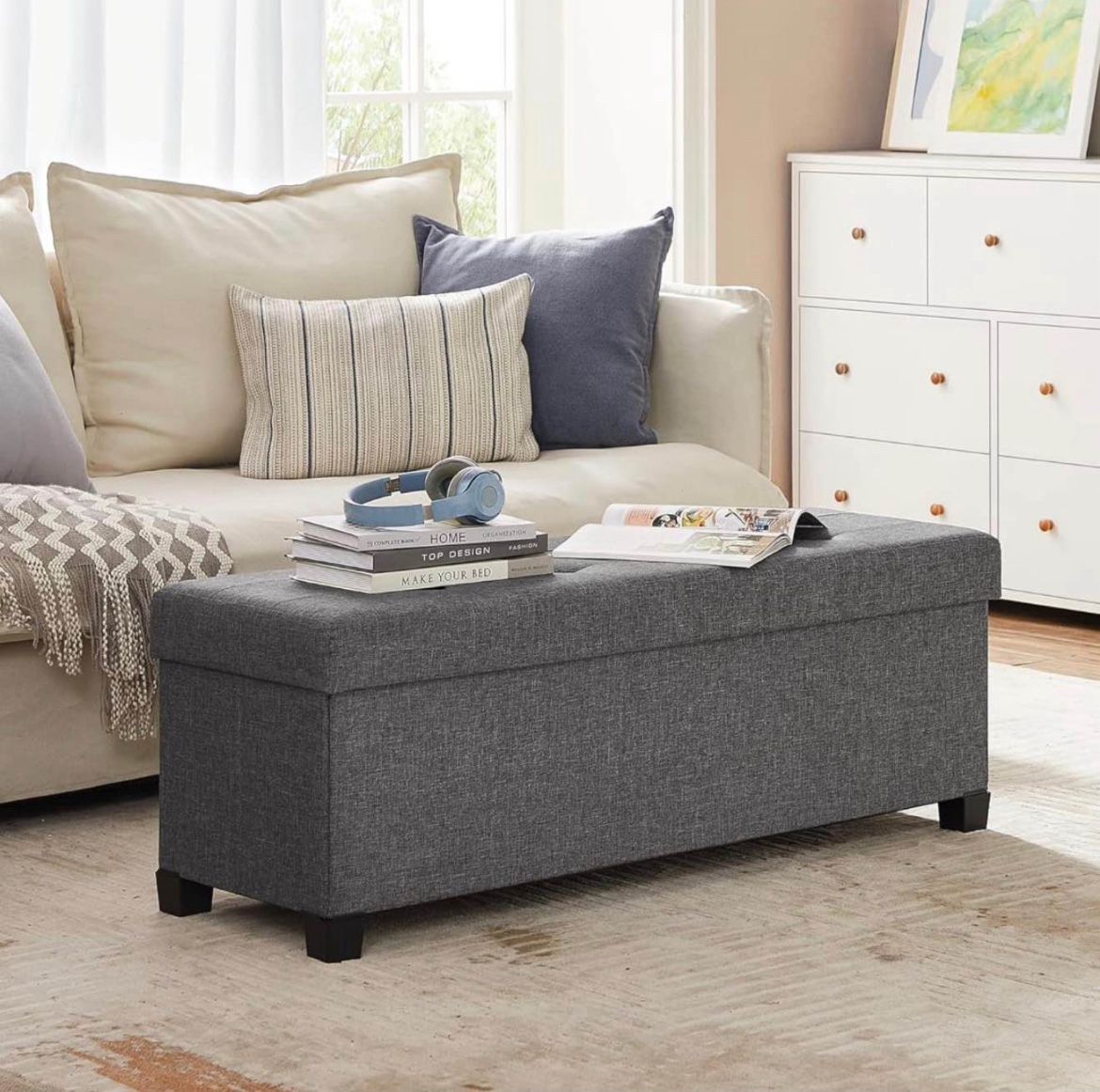 Storage Ottoman Bench, Foldable Foot Rest with Legs, 15 x 43 x 15.7 Inches, End of Bed Bench, Storage Chest, Load up to 660 lb, for Living