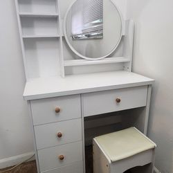 5-Drawers White Wood Makeup Vanity Set Dressing Desk W/ Stool, Round Mirror and Storage Shelves