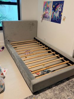 Gray Upholstered Bed Frame with Headboard